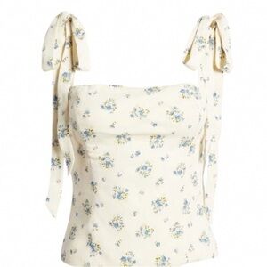 Tie-Shoulder Floral Square-Neck Camisole in Cream and Blue